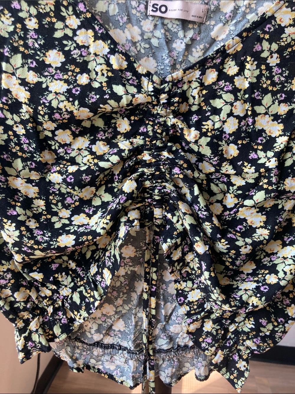 SO top floral print cinch front short sleeve crop top boho casual L jr - Picture 4 of 17